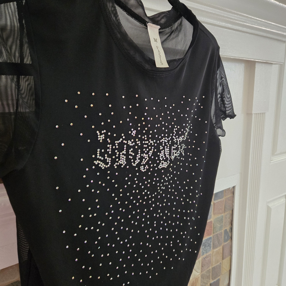 Black Graphic Embellished Cap Sleeve Tee